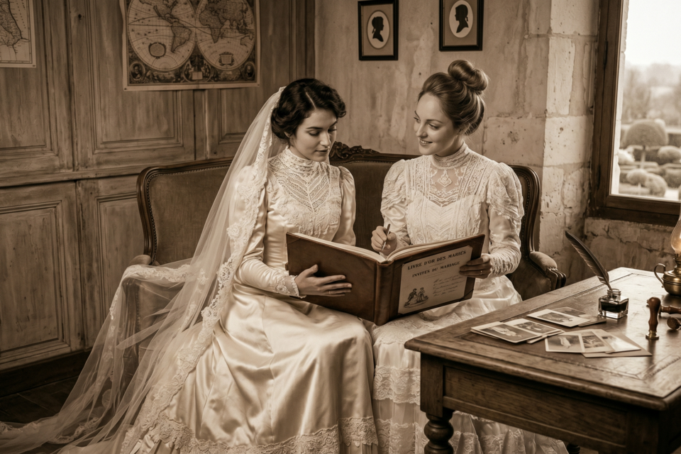 Photo d'illustration - Couple en costumes traditionnels alsaciens feuilletant le « Livre d’or des mariés » dans un décor vintage, symbole d’authenticité et de mémoire nuptiale, entre héritage et émotion partagée.