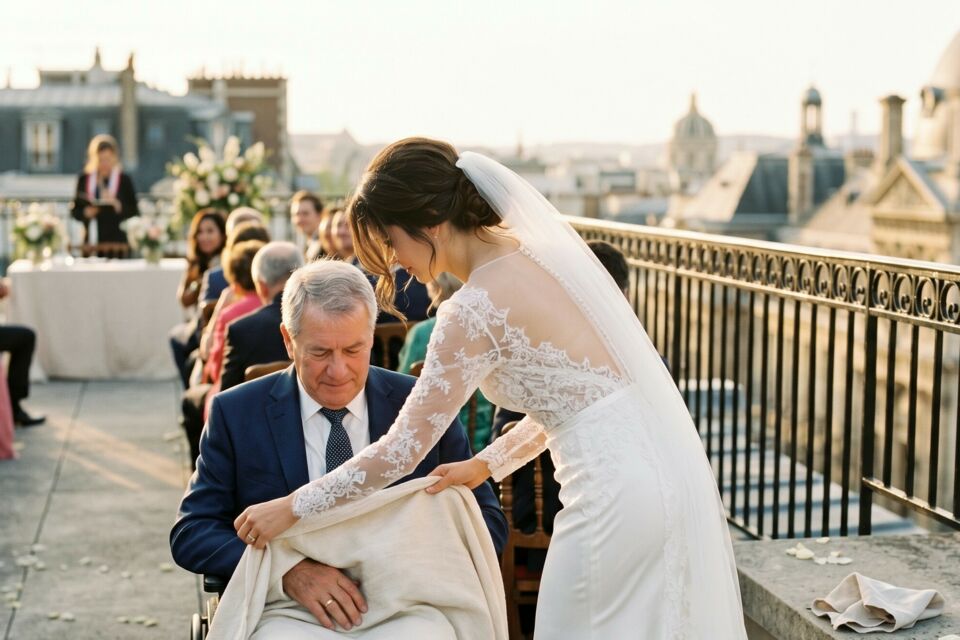 Photo d'illustration - Un moment de pure tendresse : la mariée drape une couverture sur son père en fauteuil, un geste simple mais bouleversant lors de leur union sur le toit d'un hôpital.