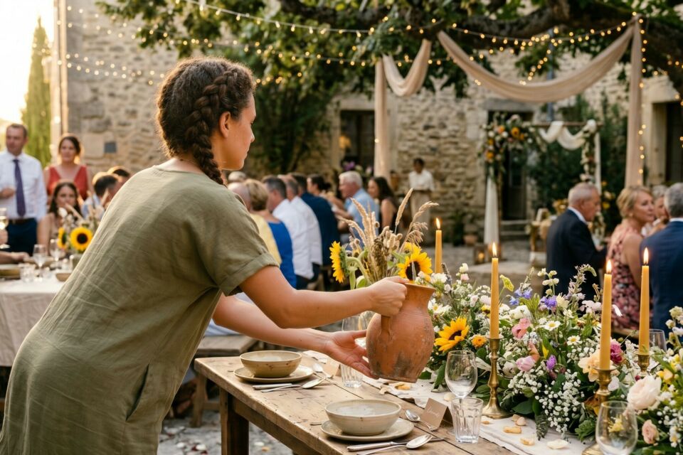 Photo d'illustration - Une table de mariage dressée pour une soirée de partage et de convivialité. Les tournesols et le bois brut créent une atmosphère chaleureuse et authentique.