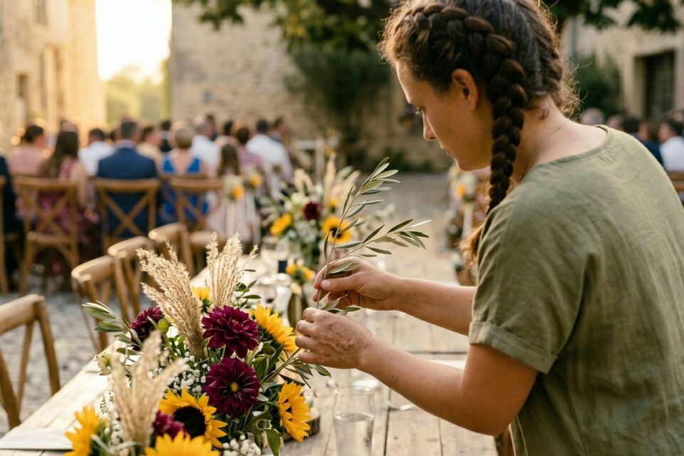Photo d'illustration - Une femme portant des tresses et une robe en lin vert kaki met en place un décor de table pour une réception de mariage champêtre en plein air, en ajustant délicatement des fleur