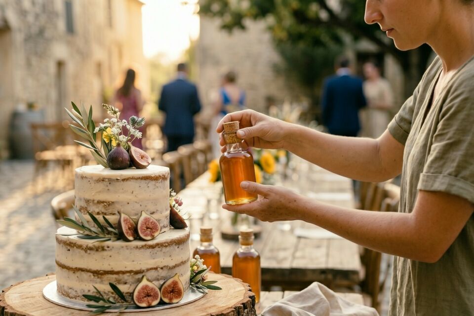 Photo d'illustration - Le naked cake aux figues et les flacons de miel artisanal complètent cette table de mariage champêtre en bois brut. Une attention gourmande sous la douce lumière dorée estivale d'un domaine en pierre.