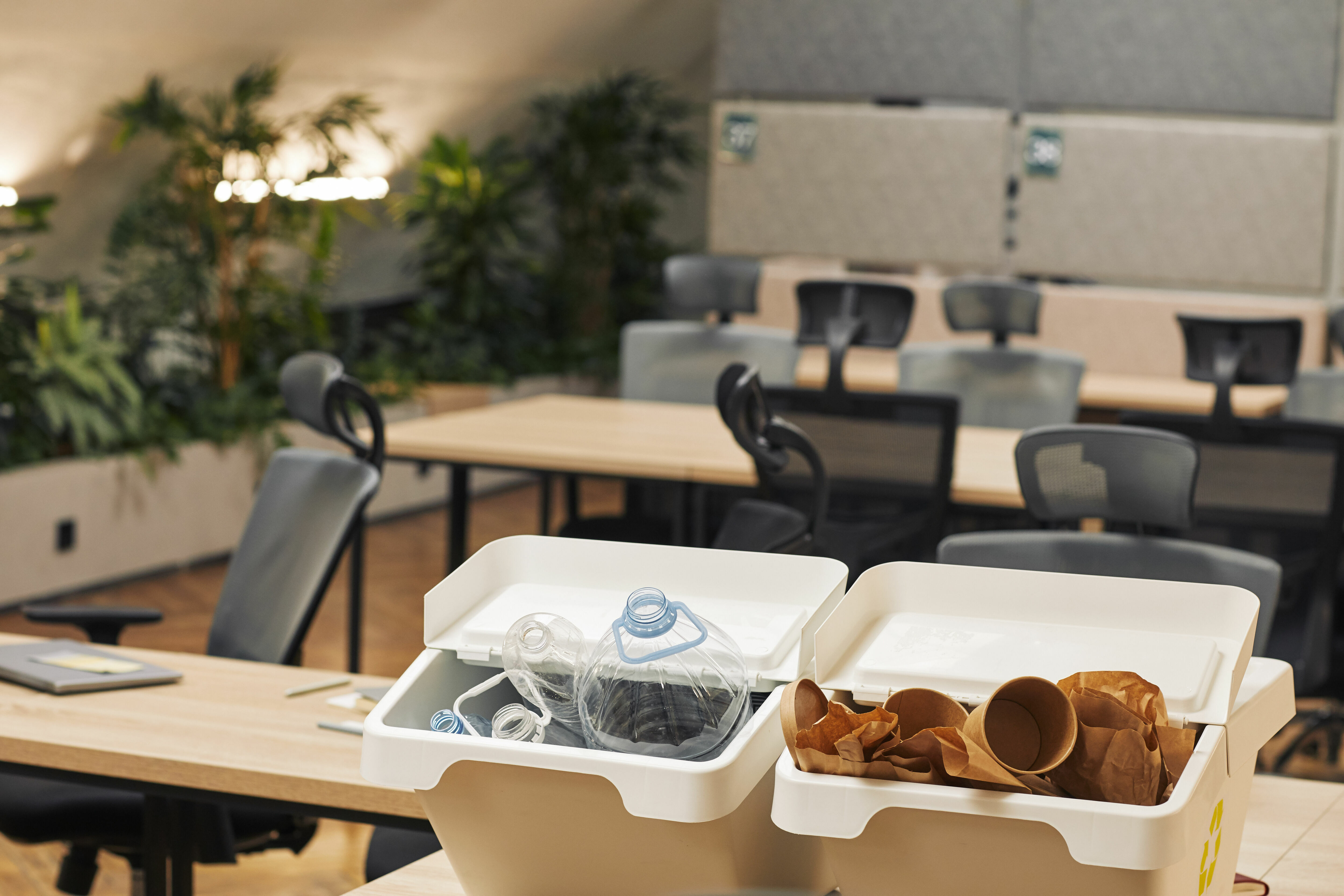 Adobe Stock - Des bacs peuvent être installer afin de faciliter le tri et la récupération de déchets plastiques et des cartons.