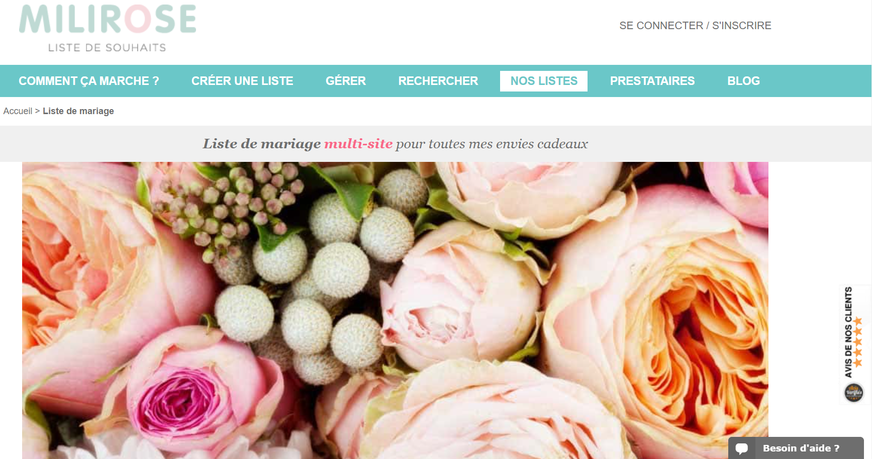 Capture d'écran du site de liste de mariage en ligne, milirose.com.