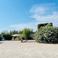 Parc extérieur avec espaces fleuris