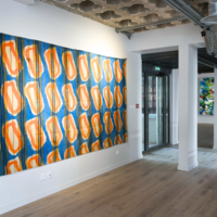Peintures de Claude Viallat et Franck Challendard au premier étage de la galerie