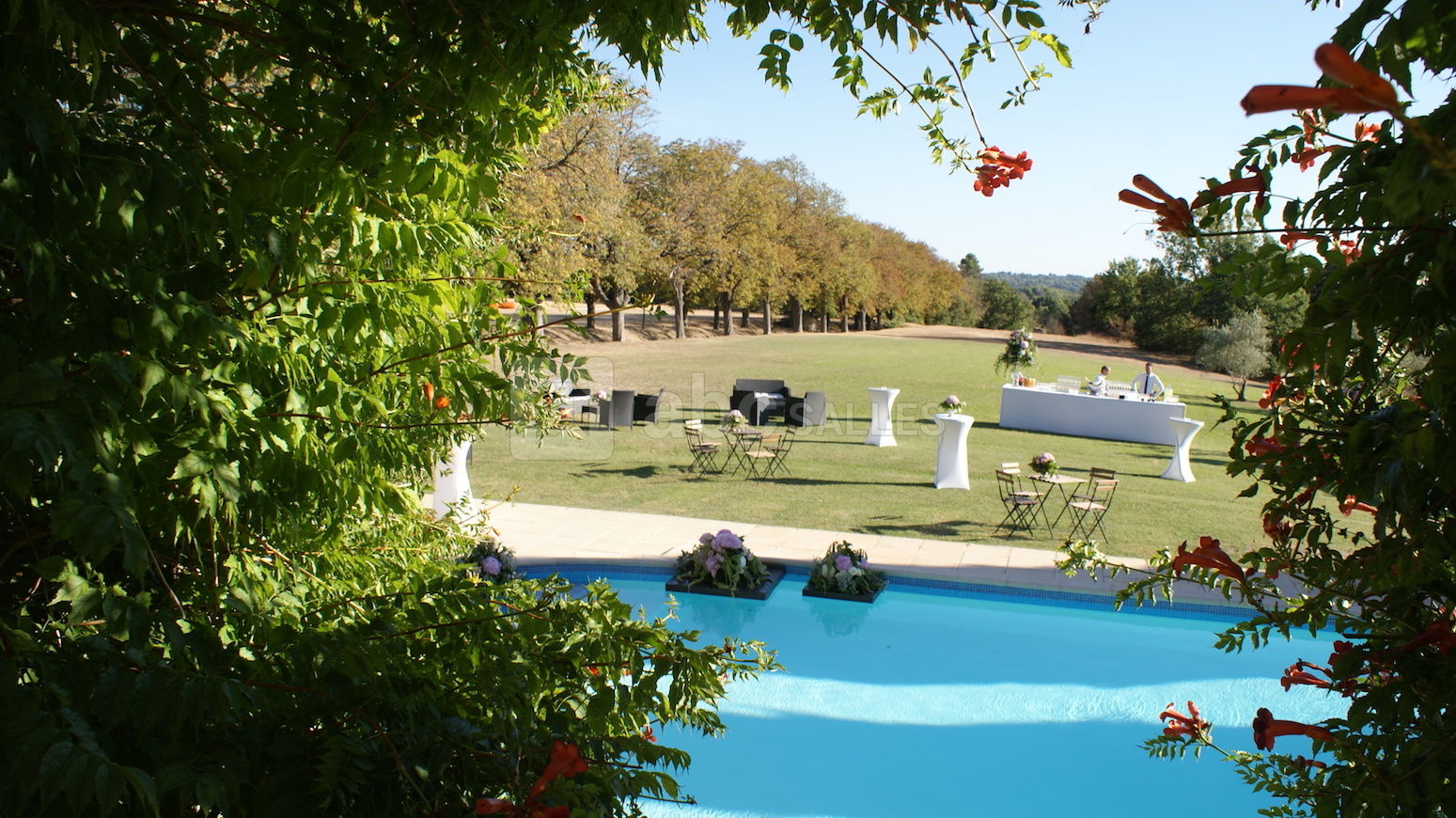 Vue d'ensemble sur la piscine et le parc