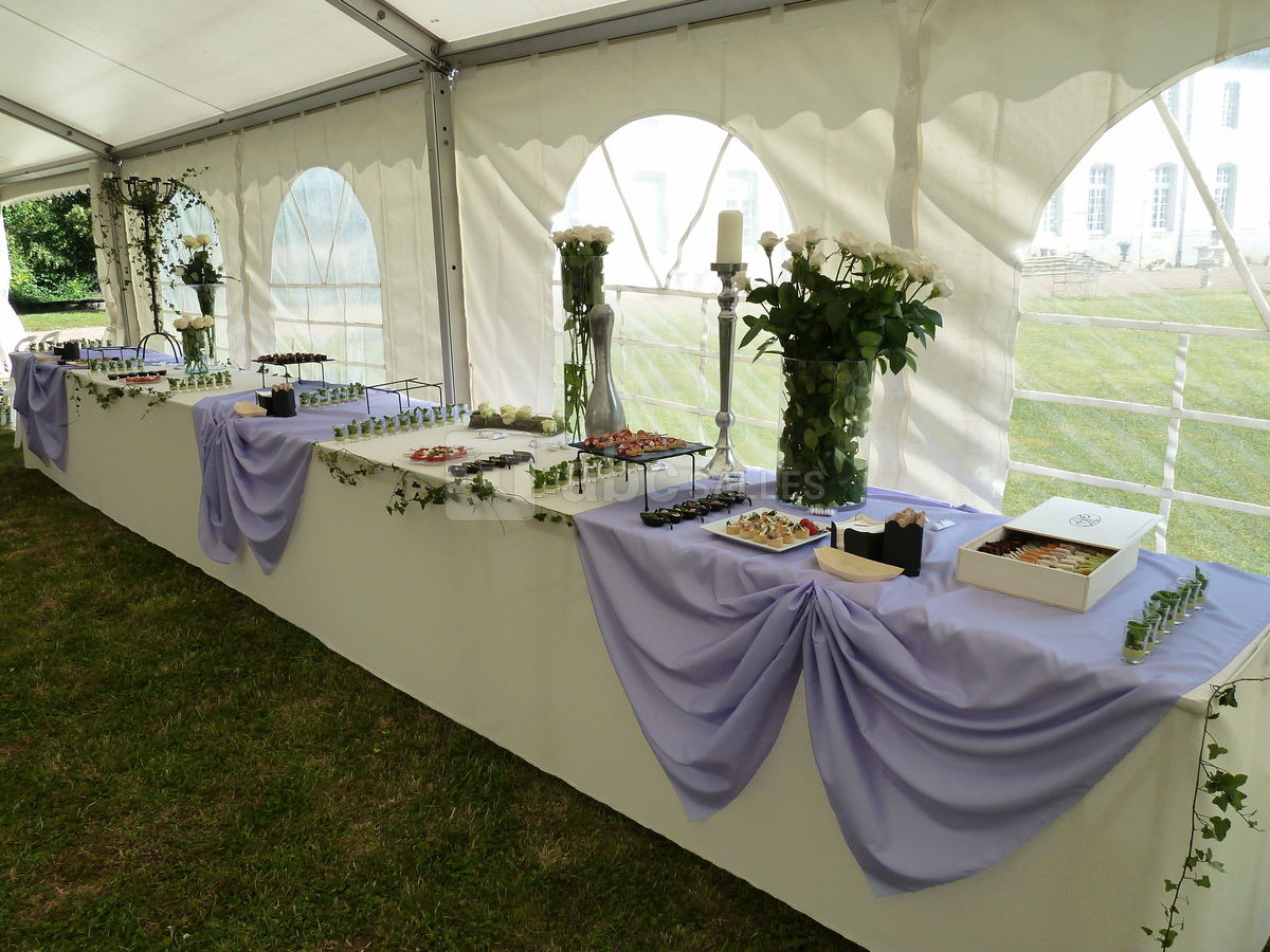 Cocktail de mariage sous chapiteau dans le parc