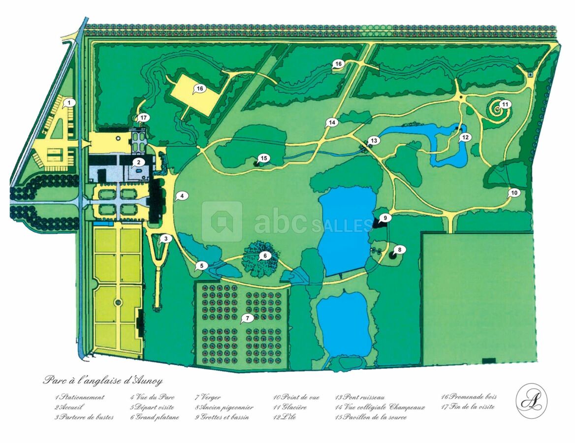 Plan du Domaine de18 hectares avec parking face entrée : Historiquement Premier Parc à l'Anglaise en France