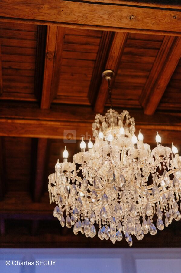 Détail suspension en cristal et poutres apparentes