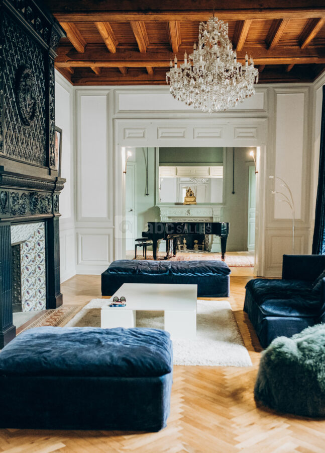 Salon avec cheminée et piano à queue