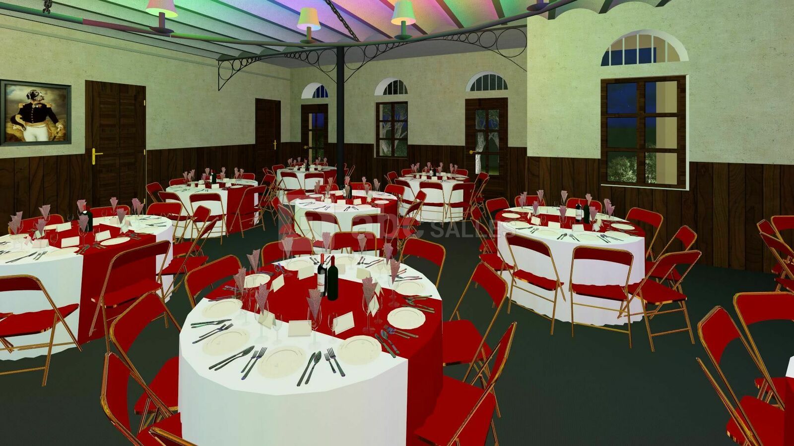 Les écuries : grande salle tables rondes