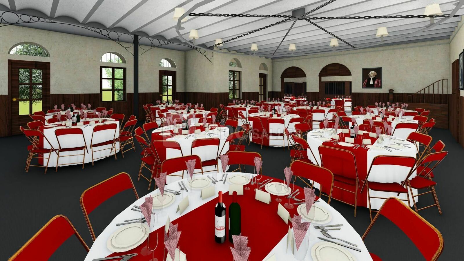 Les écuries : grande salle tables rondes