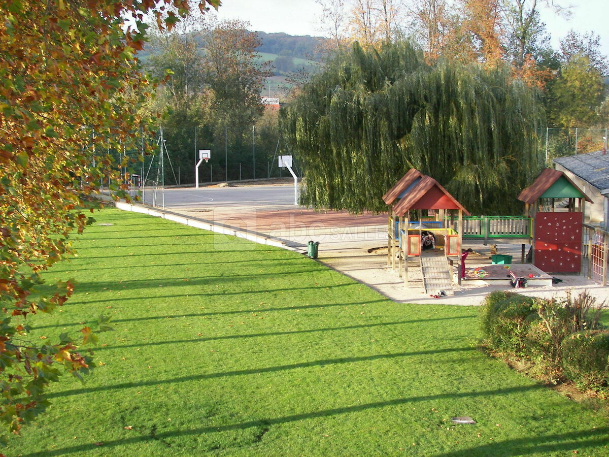 Vue sur pelouse, aire de jeux et terrains de sport