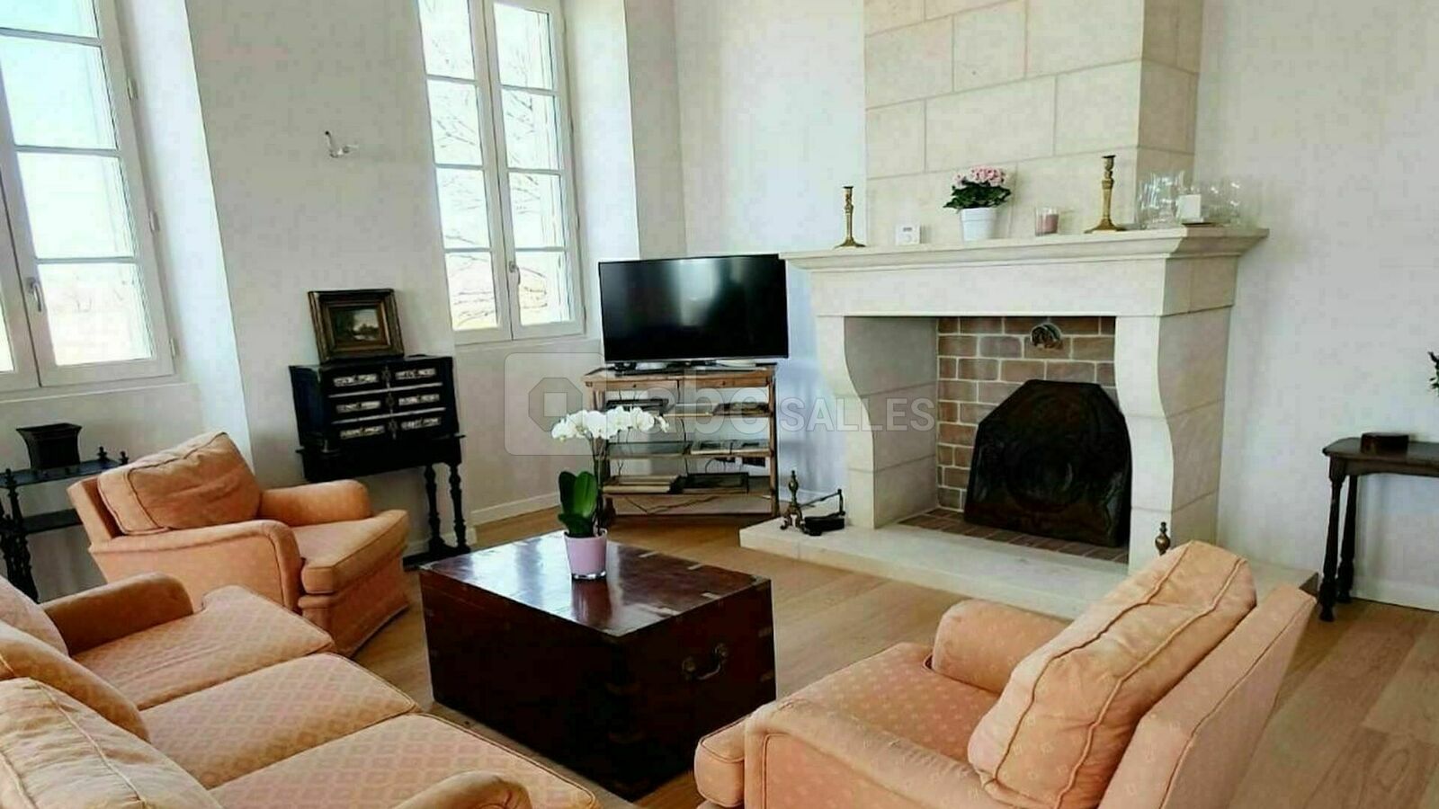 Salon côté jardin avec cheminée pour vos moments détente entre amis, collègues ou en famille