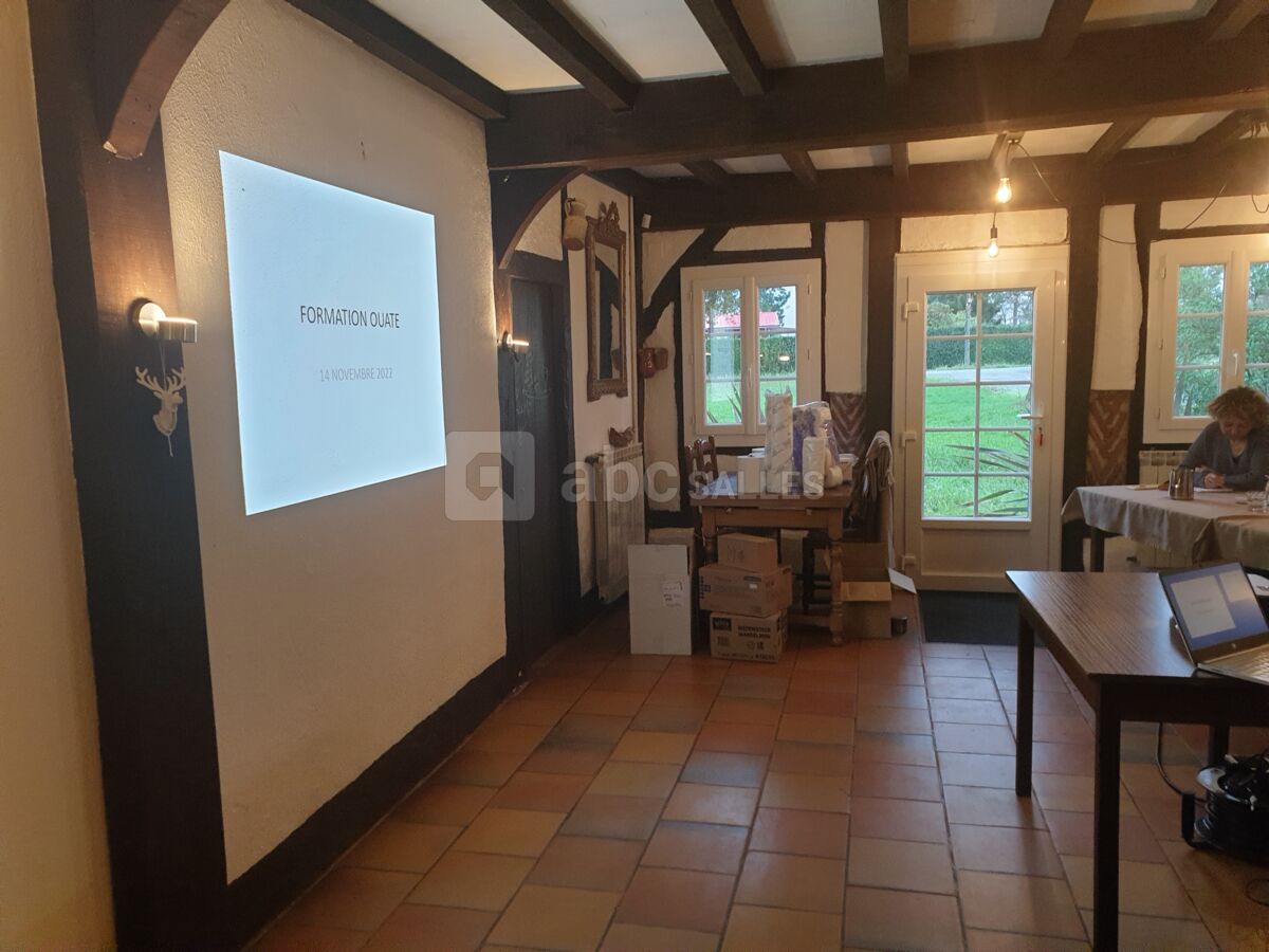Formation de commerciaux avec le PDG de la société, cours projeté sur le mur de la salle