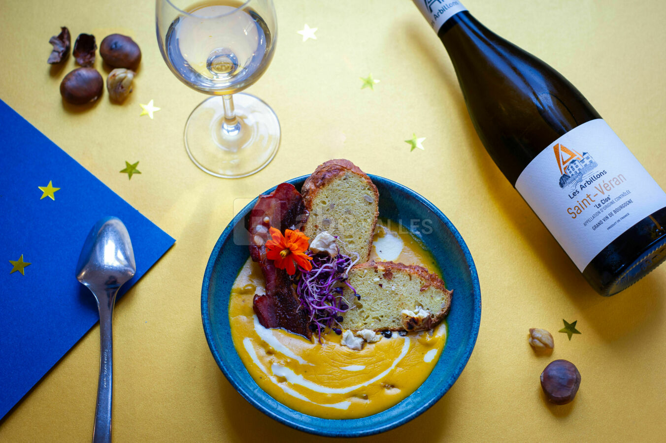 Velouté de potimarron, marrons confits et lardo di colonnata