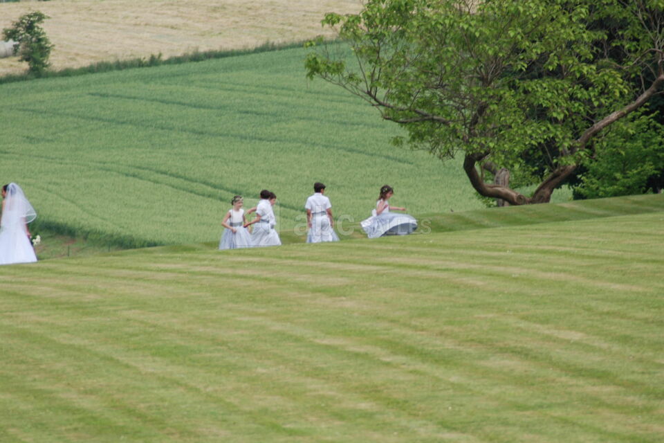 Les enfants durant le cocktail de vin d'honneur, leur baby-sitter se cache derrière l'arbre!!