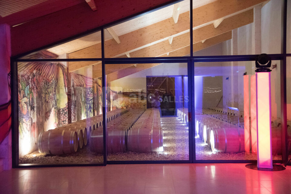 Salle de réception avec vue sur le chai de vieilissement