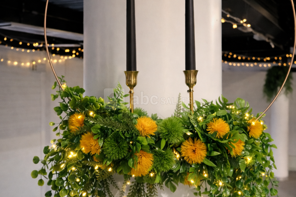 Prestation décoration : suspension couleurs Jaune/verte/noire (logo de l'entreprise)